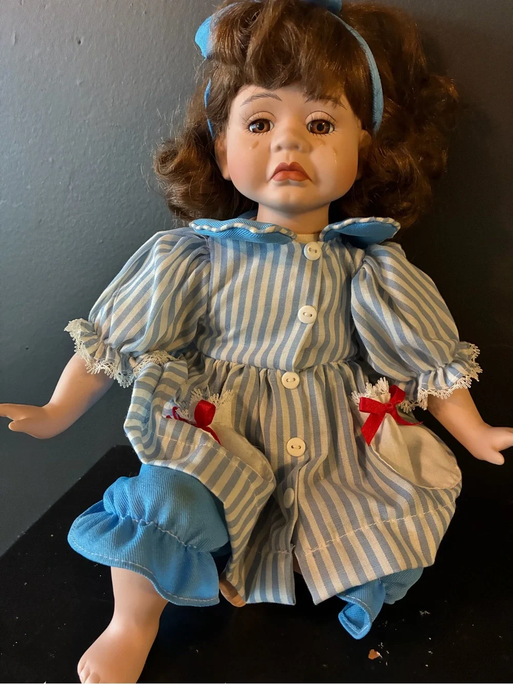 Heritage Blue & White Striped Porcelain Doll with Red Bow Accents